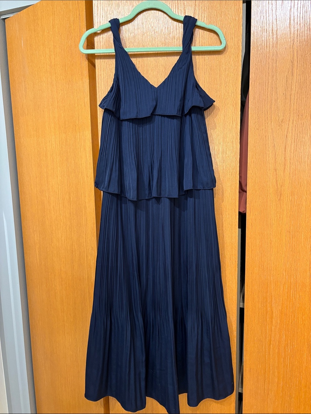 Maje Sleeveless Navy Pleated Tiered Midi Dress (Rockanil Dress)